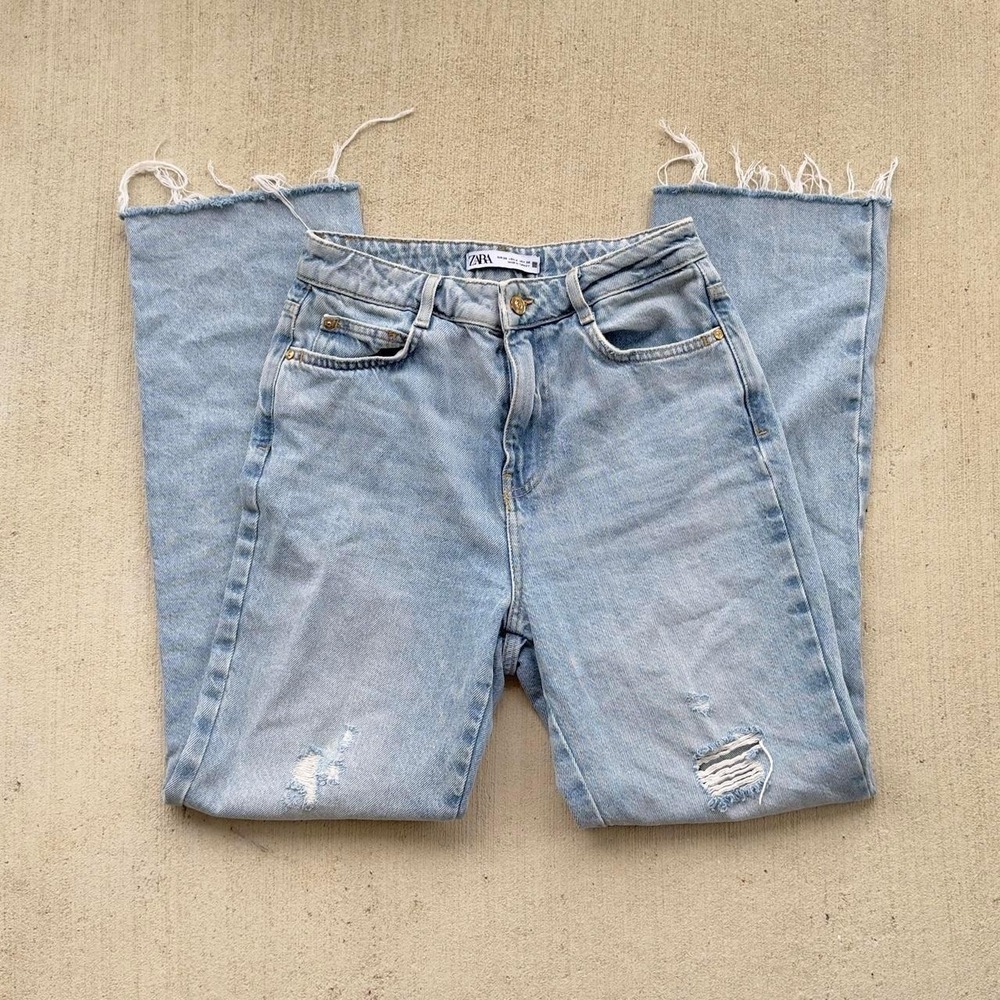 Zara Distressed Straight Leg Jeans Women's 4 Light Blue Denim Bleach Wash